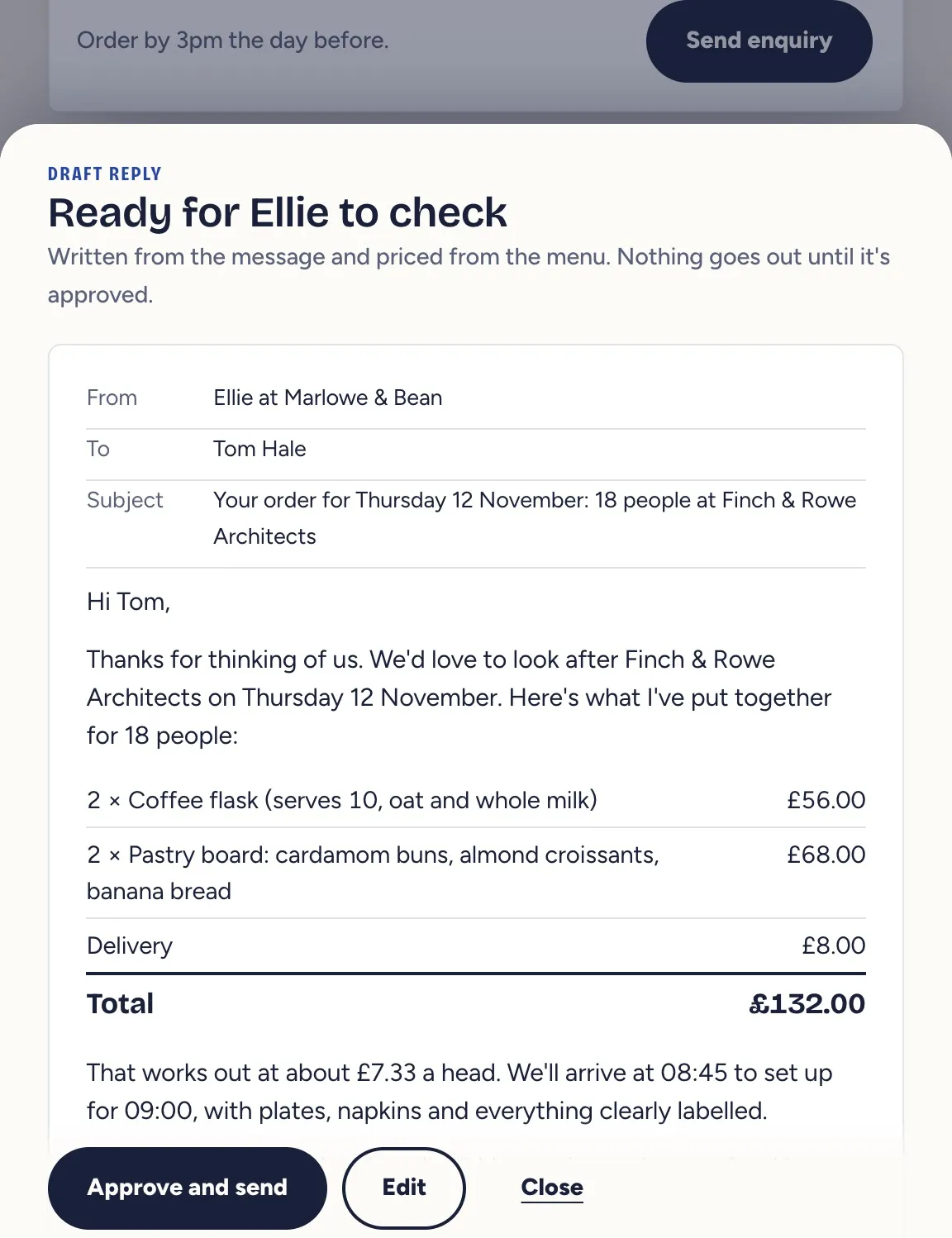The reply the demo café writes for an office lunch order, with each item priced.
