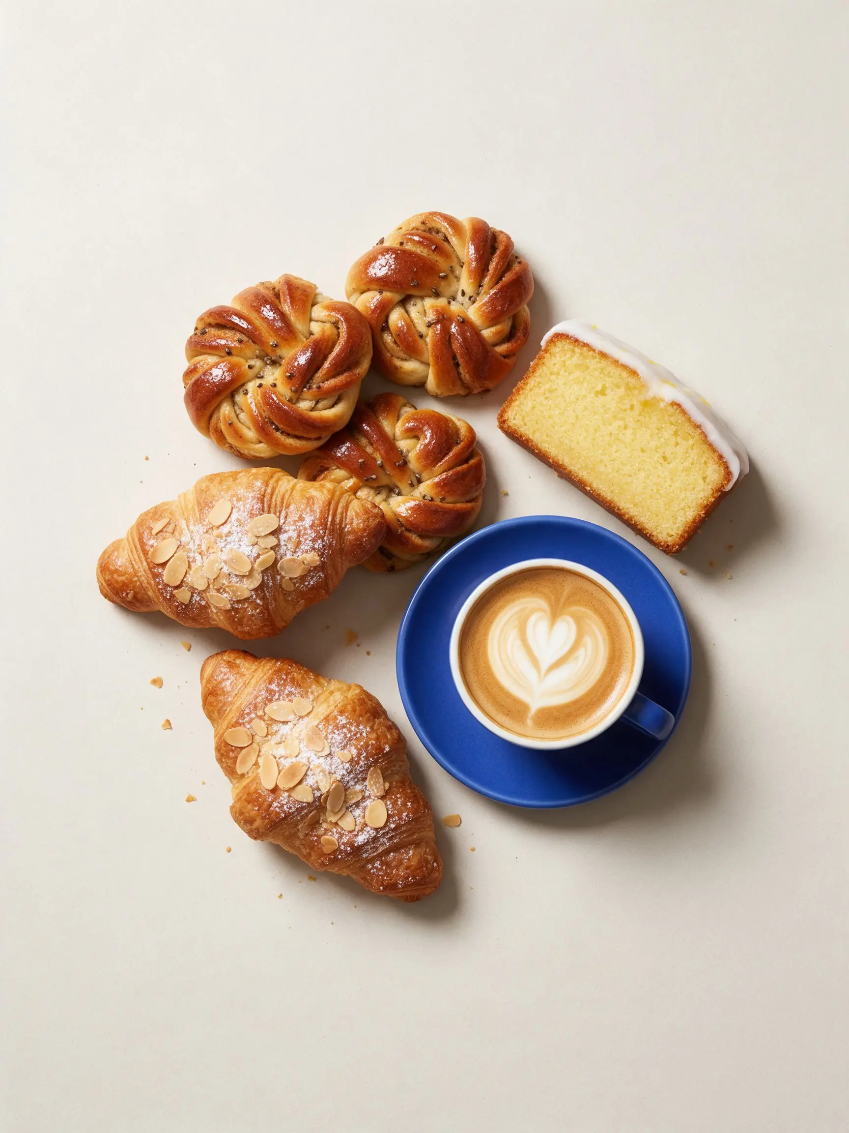 Cardamom buns, almond croissants, lemon drizzle cake and a flat white in a blue cup.