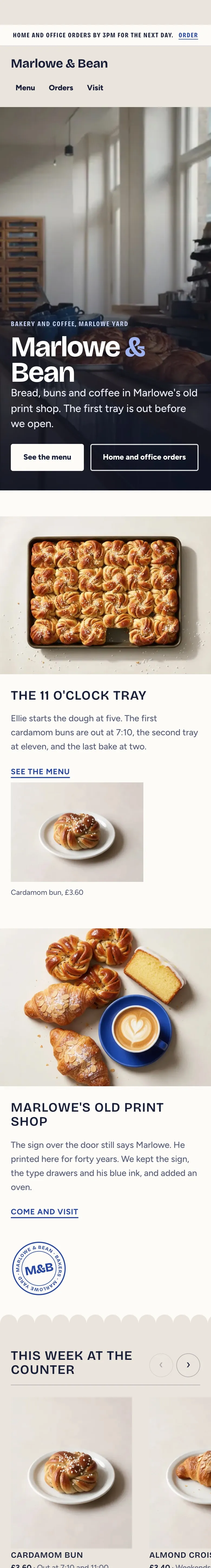 The Marlowe & Bean demo site on a phone, scrolling from the menu to the office order form.