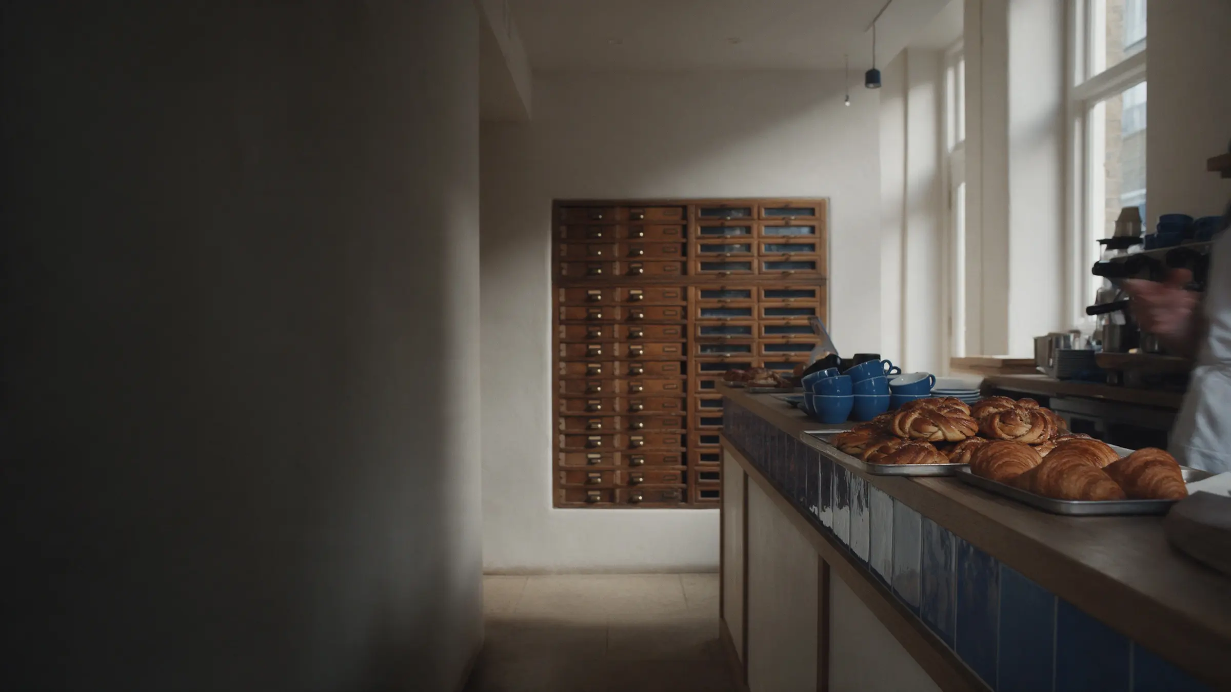 The counter at Marlowe & Bean in the morning, with trays of buns and the old type drawers behind.